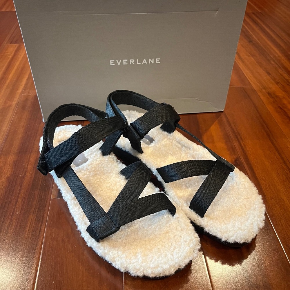 Everlane Teddy Sherpa Sandal ReNew Black Cream‎ Strappy Shoes New Women Size 8
